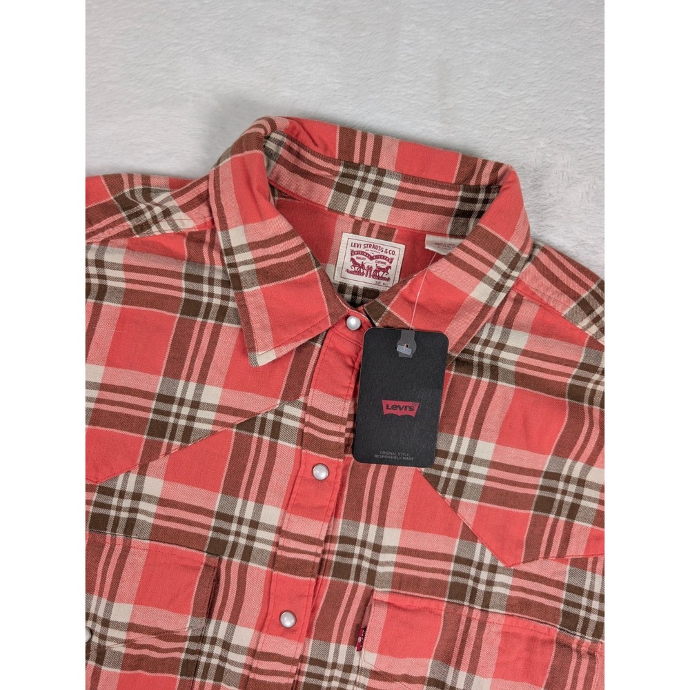 Levi's Flannel Pearl Snap Shirt Mens XL Coral Brown Plaid Long Sleeve NWT
